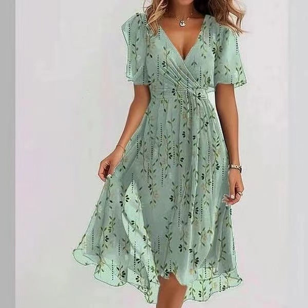 Robes d'été élégantes à col en V à manches courtes imprimée en mousseline de soie