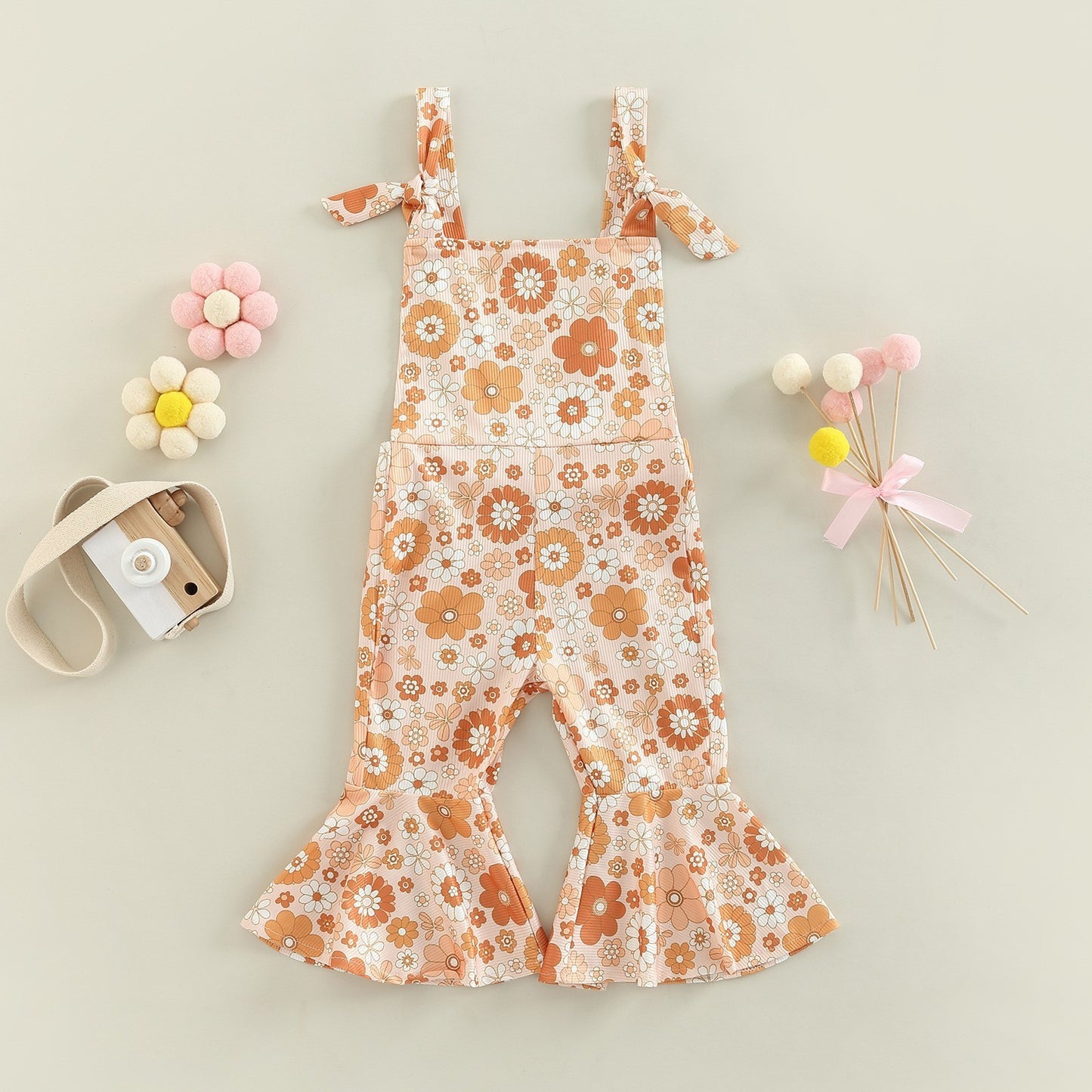 Girls' Floral Print Bell-bottom Pants Jumpsuit