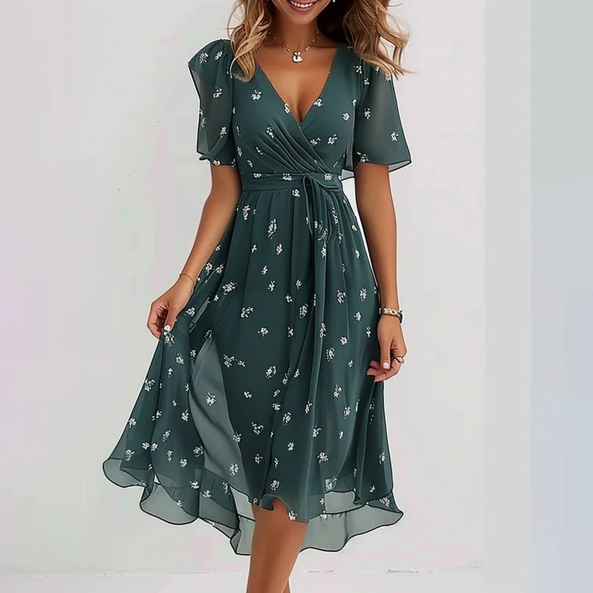 Robes d'été élégantes à col en V à manches courtes imprimée en mousseline de soie