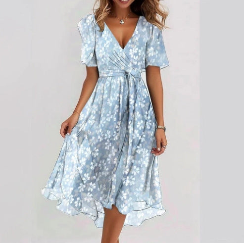 Robes d'été élégantes à col en V à manches courtes imprimée en mousseline de soie