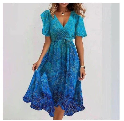 Robes d'été élégantes à col en V à manches courtes imprimée en mousseline de soie