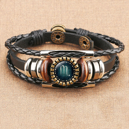 Fashion Zodiac Time Gem Leather Bracelet