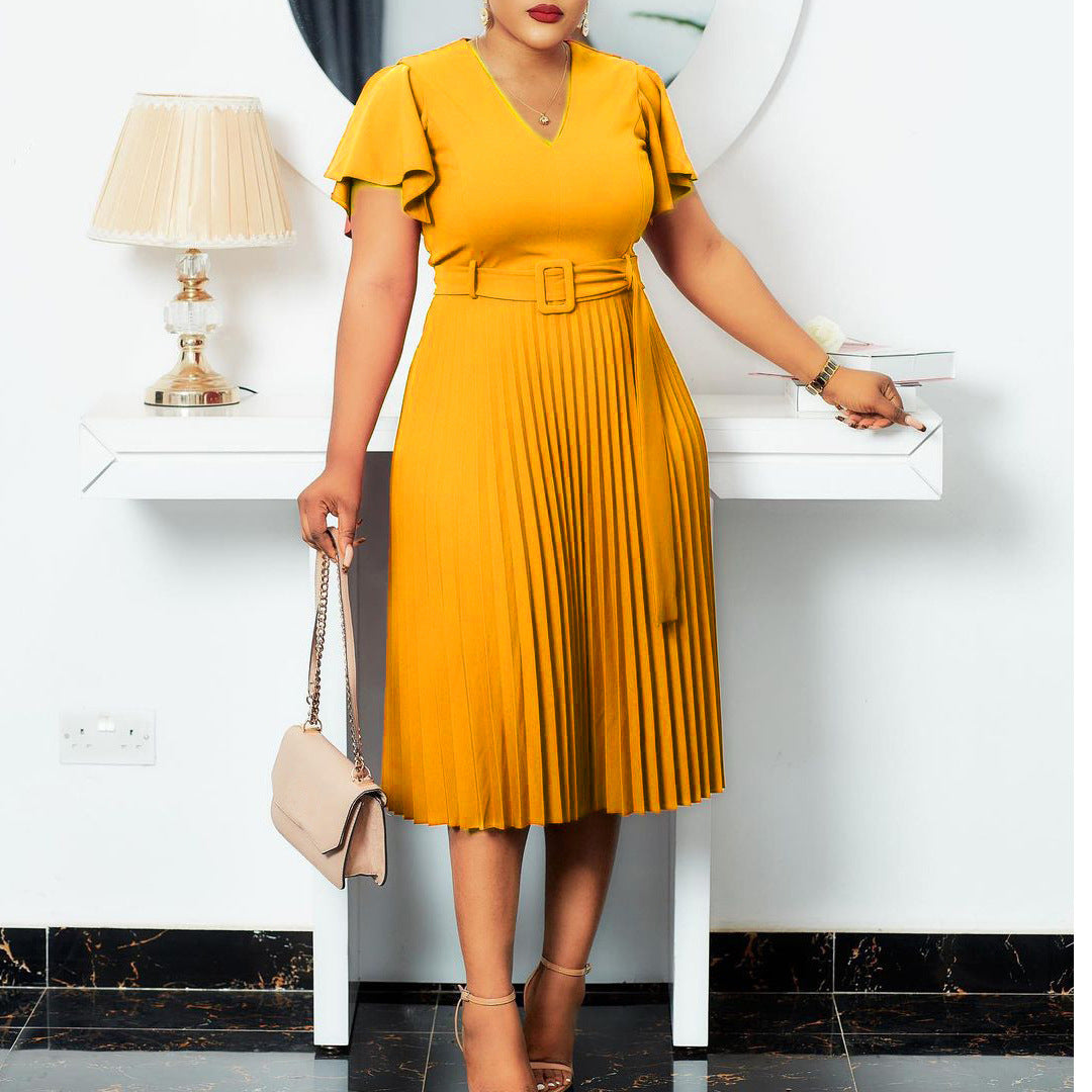 Foreign Trade V-neck Lotus Leaf Sleeve Cross-border Large Size Pleated Dress African Mother Dress