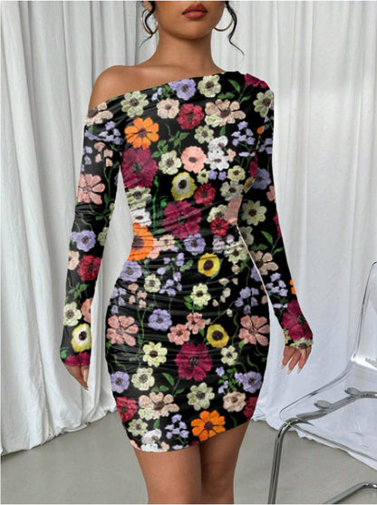 Pleated Slim Fit Long Sleeve Narrow Diagonal Collar Dress Women's Clothing