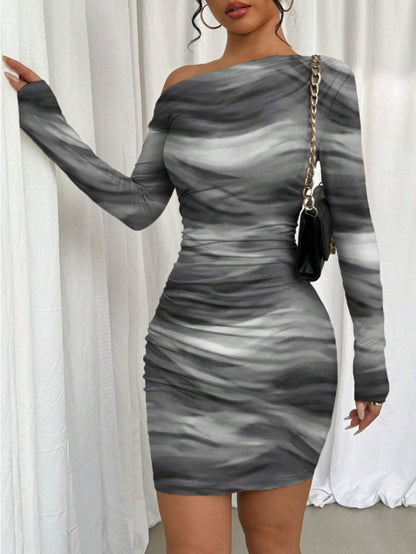 Pleated Slim Fit Long Sleeve Narrow Diagonal Collar Dress Women's Clothing