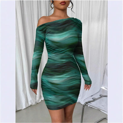 Pleated Slim Fit Long Sleeve Narrow Diagonal Collar Dress Women's Clothing