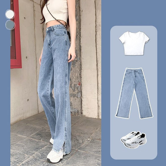 Women's Split Wide-leg Jeans High Waist Drape Loose Straight And Thin