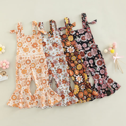 Girls' Floral Print Bell-bottom Pants Jumpsuit