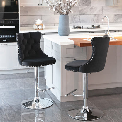 Swivel Velvet Barstools Adjusatble Seat Height From 25-33 Inch Black,Set Of 2